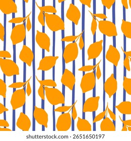 Padrão floral desenhado à mão com limão. Estilo de vida Dolce Vita. Fruta tropical em fundo de listras. Ilustração de vetor de vida lenta. Impressão da costa de Amalfi para papel, tampa, tecido.