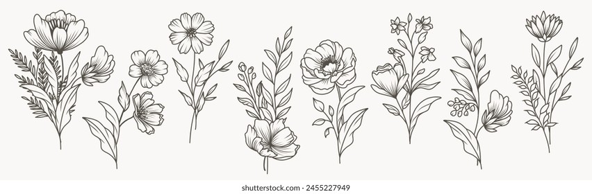 Hand drawn floral pattern in line art style. Bouquet set. Trendy botanical elements of wild and garden plants, branches, leaves, flowers, herbs. Vector illustration