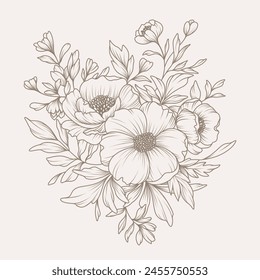 Hand drawn floral pattern in line art style. Bouquet of flowers, branches and leaves. Vector illustration with elegant botanical decorative elements