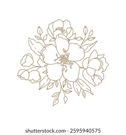 Hand drawn floral pattern in line art style. Bouquet of flowers, branches and leaves. Vector illustration with elegant botanical decorative elements
