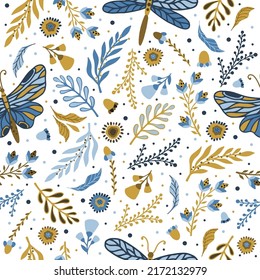 Hand drawn floral pattern with meadow flowers, herbs and dragonfly. Vector seamless background.