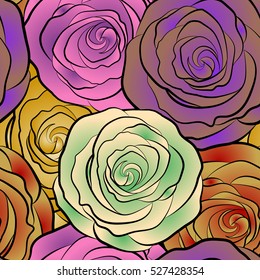 Hand drawn floral pattern with multicolor stylized rose flowers. Vector flower pattern sketch. Vintage flower seamless pattern with abstract roses.