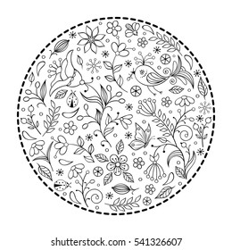 Hand drawn floral pattern on white background. Coloring page for children and adult. Vector illustration.