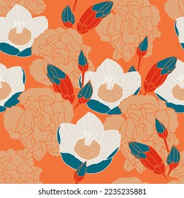 Hand drawn floral pattern. Orange peony and tropical  petals on blue background. Cute floral aesthetic composition for wallpaper, print, poster, card, phone cases, banner, fabric, textile. Vector  