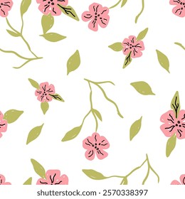Hand drawn floral pattern with pink flowers and green leaves on a white background nature beauty vector illustration