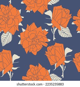 Hand drawn floral pattern. Red roses petals on blue background. Cute floral aesthetic composition for wallpaper, print, poster, card, phone cases, banner, fabric, textile. Vector  