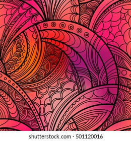 Hand drawn floral pattern. Repeating texture boho style. Colorful vector seamless background with linear botanical abstract illustration.