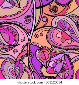 Hand drawn floral pattern. Repeating texture boho style. Colorful vector seamless background with linear botanical abstract illustration.