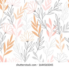 Handgezeichnetes Blumenmuster. Nahtlose Vektorillustration, Hintergrund. Elegante farbige Vorlage für Modedruck, Stoff oder Tapete.