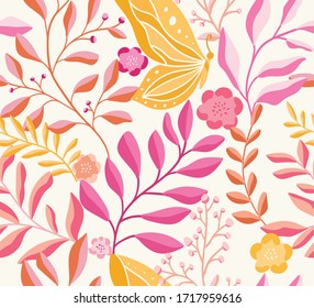 Handgezeichnetes Blumenmuster. Nahtlose Vektorillustration, Hintergrund. Elegante farbige Vorlage für Modedruck, Stoff oder Tapete.