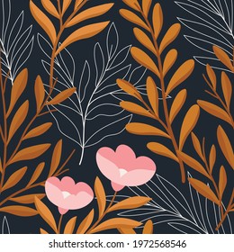 Hand drawn floral pattern. Seamless leaves vector background. Elegant colorful template for fashion print, fabric or wallpaper.