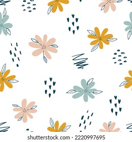 Hand drawn floral pattern. Seamless botanical print. Cute vector doodle design. Creative background with flowers and sketches.