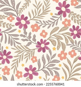 Hand drawn floral pattern. Seamless leaves vector background. Elegant colorful template for fashion print, fabric or wallpaper.