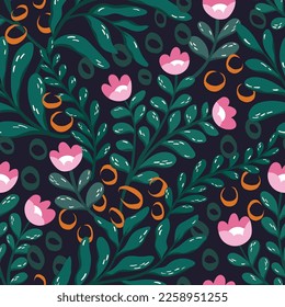 Hand drawn floral pattern. Seamless leaves vector background. Elegant colorful template for fashion print, fabric or wallpaper.