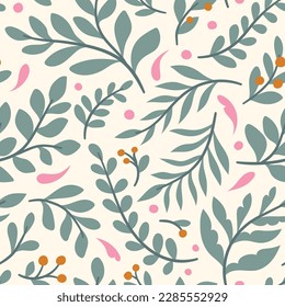 Hand drawn floral pattern. Seamless leaves vector background. Elegant colorful template for fashion print, fabric or wallpaper.
