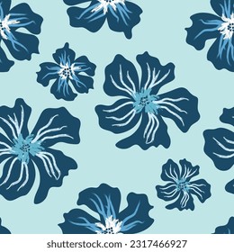 Hand drawn floral pattern. Seamless repeat pattern design in blue background textile print
