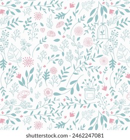 Hand drawn Floral pattern. Seamless vector texture. Elegant template for fashion prints. Surface with meadow flowers and herbs.