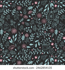 Hand drawn Floral pattern. Seamless vector texture. Elegant template for fashion prints. Surface with meadow flowers and herbs.