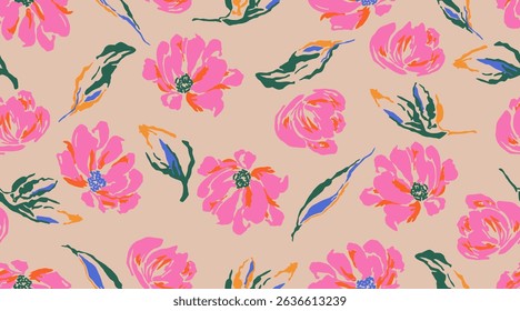 Hand drawn floral pattern, seamless patterns with flowers for fabric, textiles, clothing, printing, packaging, covers, banners, interior decor, abstract backgrounds.
