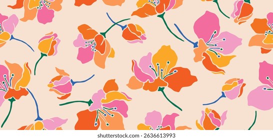 Hand drawn floral pattern, seamless patterns with flowers for fabric, textiles, clothing, printing, packaging, covers, banners, interior decor, abstract backgrounds.