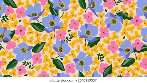 Hand drawn floral pattern, seamless patterns with flowers for fabric, textiles, clothing, printing, packaging, covers, banners, interior decor, abstract backgrounds.