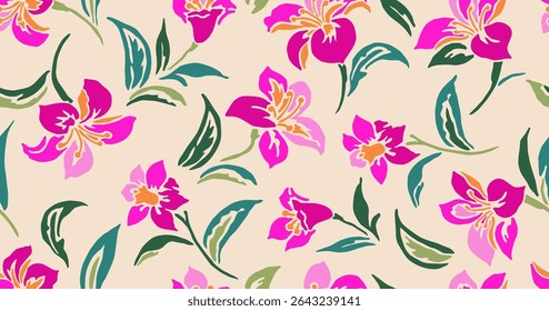 Hand drawn floral pattern, seamless patterns with flowers for fabric, textiles, clothing, printing, packaging, covers, banners, interior decor, abstract backgrounds.