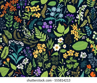 Hand drawn Floral pattern. Seamless vector texture. Elegant template for fashion prints. Surface with meadow flowers and herbs. Dark blue background