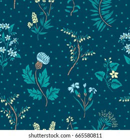 Hand drawn Floral pattern. Seamless vector texture. Elegant template for fashion prints. Surface with meadow flowers and herbs. Dark background.