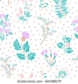 Hand drawn Floral pattern. Seamless vector texture. Elegant template for fashion prints. Surface with meadow flowers and herbs. Dark background.