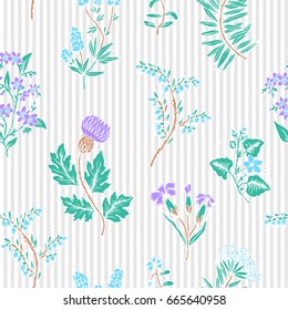 Hand drawn Floral pattern. Seamless vector texture. Elegant template for fashion prints. Surface with meadow flowers and herbs. Stripes background.