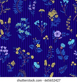 Hand drawn Floral pattern. Seamless vector texture. Elegant template for fashion prints. Surface with meadow flowers and herbs. Dark stripes background.