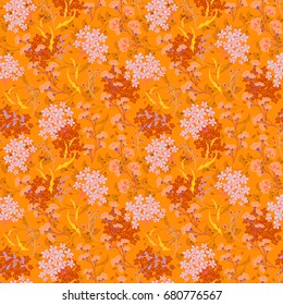 Hand drawn Floral pattern. Seamless vector texture. Elegant template for fashion prints. Surface with meadow flowers and herbs. Bright orange background