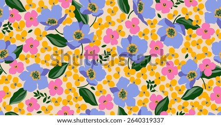 Hand drawn floral pattern, seamless patterns with flowers for fabric, textiles, clothing, printing, packaging, covers, banners, interior decor, abstract backgrounds.