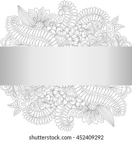 Hand drawn floral pattern with space for text. Doodle flowers in black and white. Page for coloring book or invitation card's design.