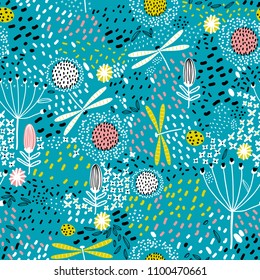 Hand drawn floral pattern. Surface with meadow flowers, herbs and dragonfly. Vector seamless background.