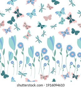 Hand drawn floral pattern. Surface with meadow flowers, herbs and dragonfly, butterfly Vector seamless background.