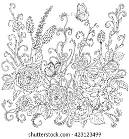 Hand drawn floral  pattern with tea rose. Black and white flowers, leaves,  curls  and flying butterflies for coloring. Vector sketch.