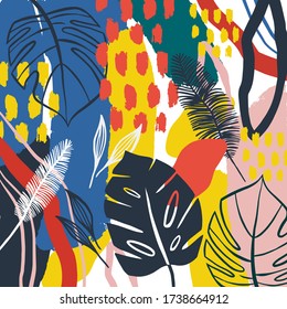 Patrón floral dibujado a mano con hojas de monstera tropical. Vector colorido listo para imprimir. Feliz, verano, fondo abstracto.