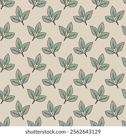 Hand drawn floral pattern vector design. Simple ornament with plant and leaf.