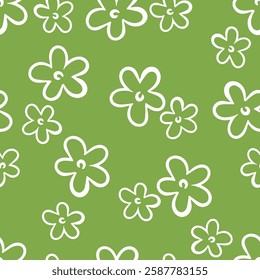 Hand drawn floral pattern white flowers on a vibrant green background. vector illustration
