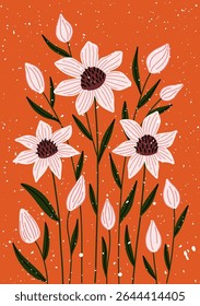 Padrão floral desenhado à mão com flores brancas e botões sobre fundo laranja.