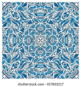 Hand drawn floral pattern. Wrapping decoration print. Square neck. Vector doodle ornament. Ornamental background for textile, wrapping, bandanna. Blue.