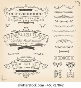 Hand Drawn Floral Patterns And Frame/
Illustration of a set of retro labels, frames, sketched banners, floral patterns and graphic design elements on vintage old paper background