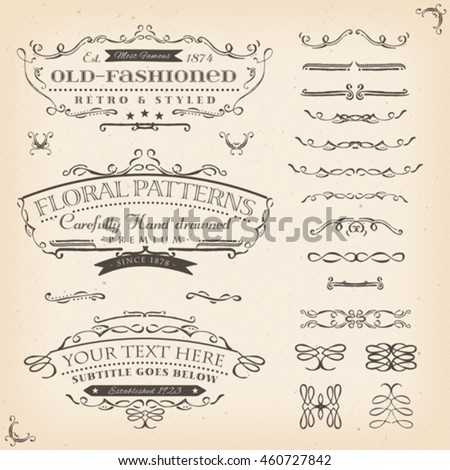 Hand Drawn Floral Patterns And Frame/
Illustration of a set of retro labels, frames, sketched banners, floral patterns and graphic design elements on vintage old paper background