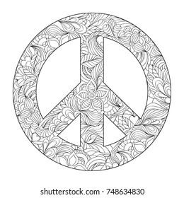 Hand drawn floral peace symbol on white background.Coloring page for adult.