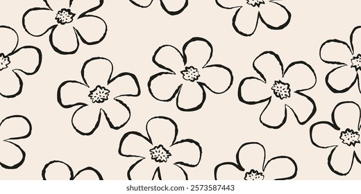 Hand drawn floral petals seamless pattern, organic flower doodle with black and white color for fabric, textiles, clothing, wallpaper, cover, banner, decor, background.