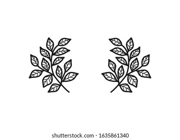 Hand drawn floral, plant elements: leaf and branch. Illustration for frame, border, ornament design. Doodle sketch. Unique decoration for greeting card and wedding invitation