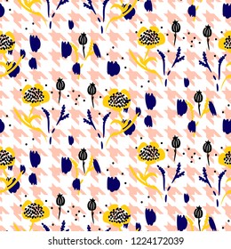 Hand drawn floral plants and goose foot seamless vector pattern.