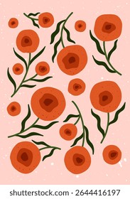 Hand drawn floral poster with abstract red-orange flowers and green leaves on a pastel pink background. Modern botanical illustration for wall decor, nursery print, or card design.