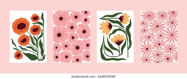 Hand drawn floral poster collection with stylized flowers, seamless daisies, and botanical elements. Modern decorative set perfect for wall art, greeting cards, packaging, and summer-themed projects.
